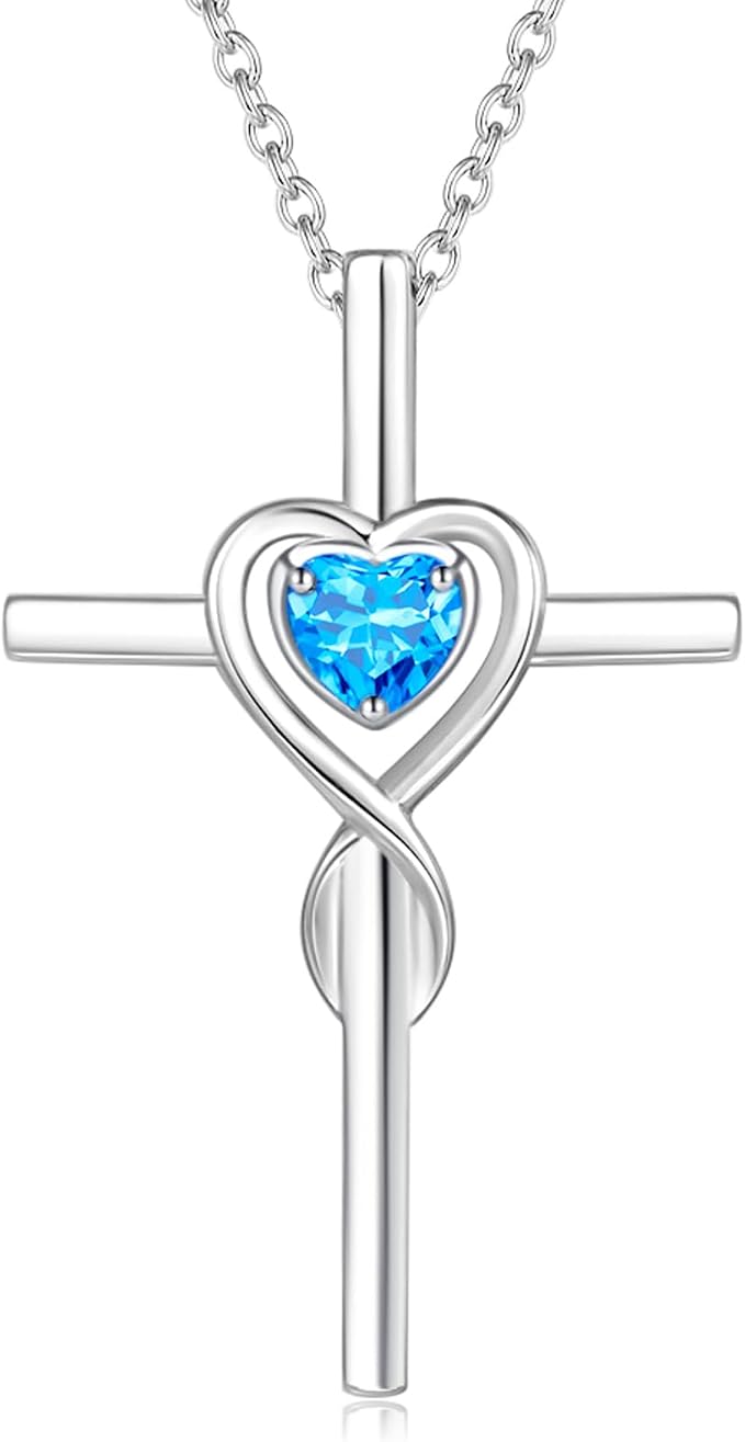 FANCIME Birthstone Cross Necklace for Women Birthstone Necklace Heart Infinity Cross Pendant Necklace Fine Jewelry Christmas Birthday Holiday Gifts for Her, 16"+2" Inches