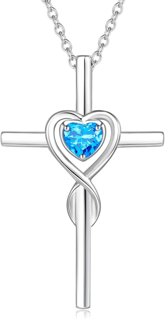 FANCIME Birthstone Cross Necklace for Women Birthstone Necklace Heart Infinity Cross Pendant Necklace Fine Jewelry Christmas Birthday Holiday Gifts for Her, 16"+2" Inches