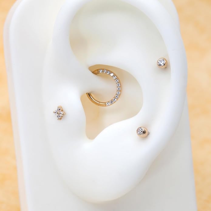 14k Yellow/White Gold Body Jewelry Earrings for Women Threaded Micro CZ Gem Top Tragus/Helix/Labret Stud 16G 6mm 8mm