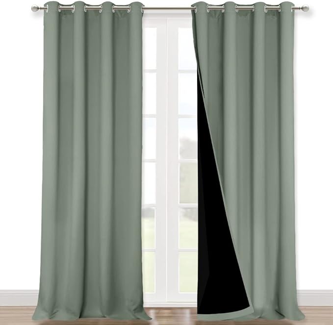 NICETOWN 100% Blackout Window Curtain Panels, Heat and Full Light Blocking Drapes with Black Liner for Nursery, 102" Drop Thermal Insulated Draperies (Greyish Green, 2 Pieces, 52" Wide Each Panel)
