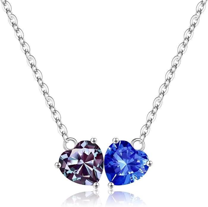 Iefil 1.25Ct Double Heart Birthstone Necklace - 925 Sterling Silver Birthstone Necklace, Birthday Gifts for Women, Jewelry Gifts for Mom Daughter Wife