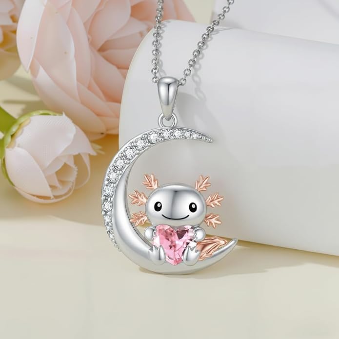 PROESS Animal Birthstone Necklace 925 Sterling Silver Otter/Axolotl/Hippo/Elephant/Dachshund/Monkey/Red Panda Pendant Necklace Animal Birthstone Jewelry Gifts for Women