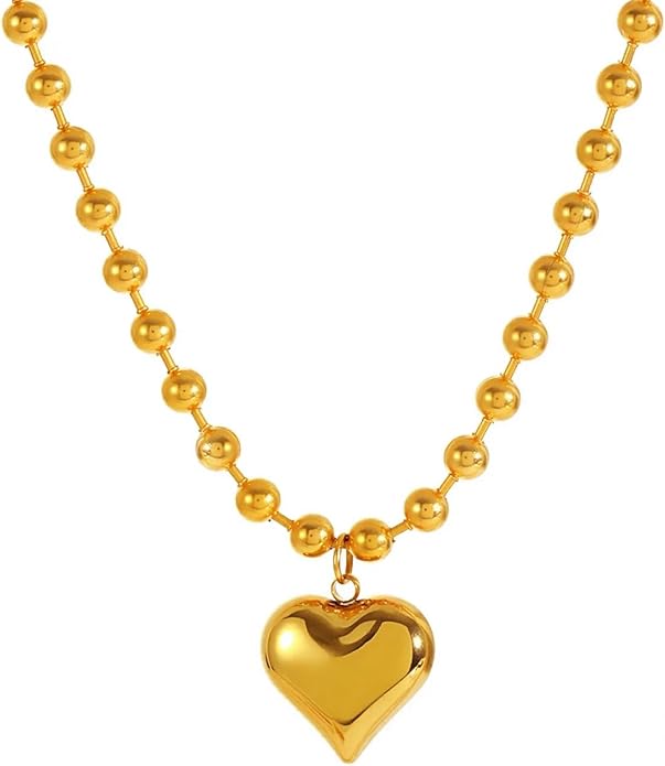 Chunky Gold Heart Necklace for Women, 18K Gold Plated Puffy Heart Pendant with Thick Paperclip Chain, Large Statement Choker Necklace, Vintage Style Stainless Steel Jewelry Gift for Christmas, Birthday, Valentine‘s Day