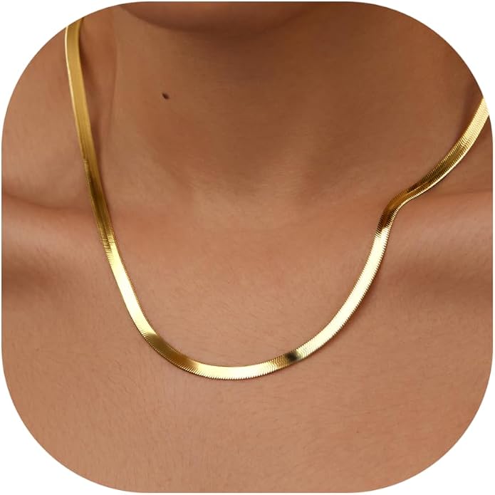 WomenGifts 14K Gold Silver Plated Herringbone Necklace for Women, Dainty Snake Chain Choker, Trendy Simple Long Layered Jewelry Non Tarnish, 3/4/5/8mm,14,16,18,20,22,24,26 Inch Thin & Chunky Options