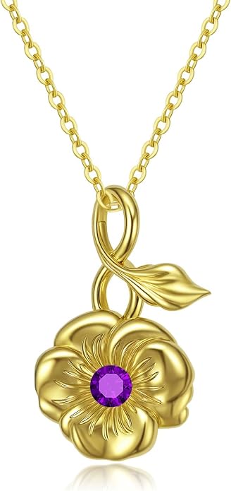 Birth Flower Birthstone Necklace for Women: Solid 925 Sterling Silver 14K Gold Plated Hypoallergenic Non-tarnish, Birth Month Flower Necklace Personalized Birthday Gifts for Wife Girlfriend Daughter