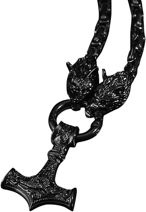 Viking Wolf Head Thor’s Hammer Pendant Necklace – Stainless Steel Norse Amulet Jewelry for Men, Nickel-Free, Gift Box Included