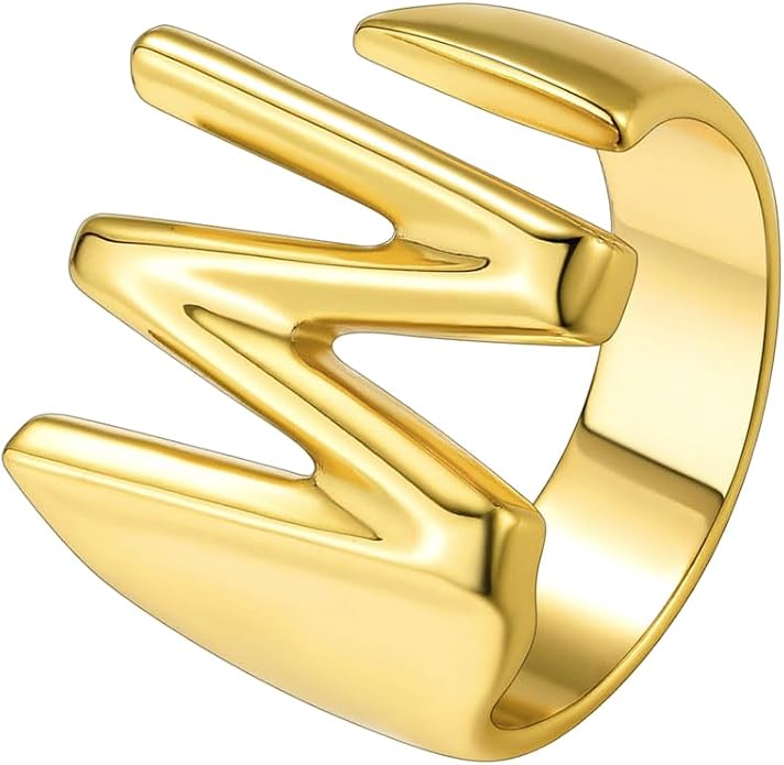 Suplight Nikel Free 18K Gold Plated Letter Rings, Fashion Monogram Jewelry Statement A-Z Wide Name Initial Alphabet Adjustable Open Ring for Women
