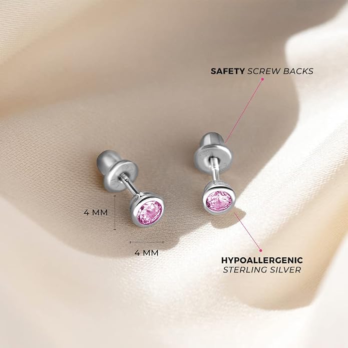 925 Sterling Silver 4mm Bezel Cubic Zirconia Toddler Girls Safety Screw Back Earrings - Locking Back Stud Earrings for Babies to Children - Lightweight and Hypoallergenic Safe for Kids