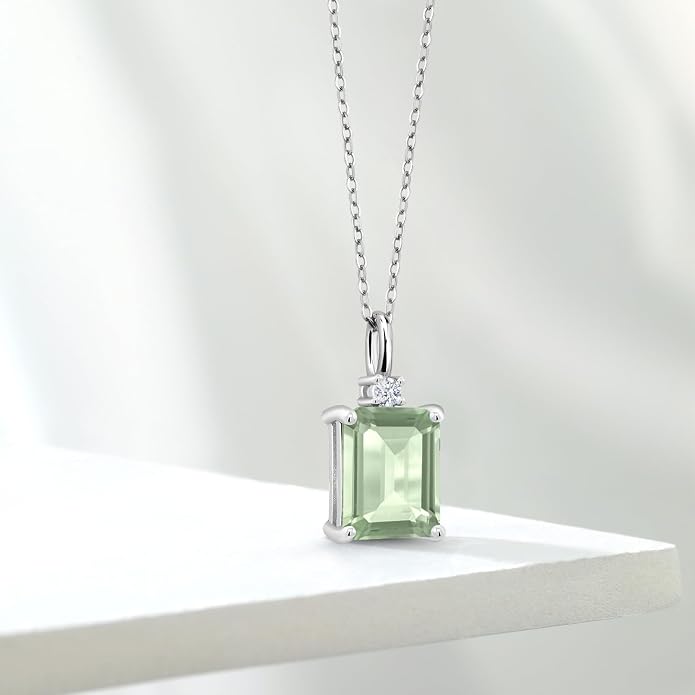 Gem Stone King 925 Sterling Silver Gemstone Birthstone Pendant Necklace for Women | Emerald Cut 10X8MM and Round 2MM | With 18 Inch Chain | Fine Jewelry for Her Mom Wife