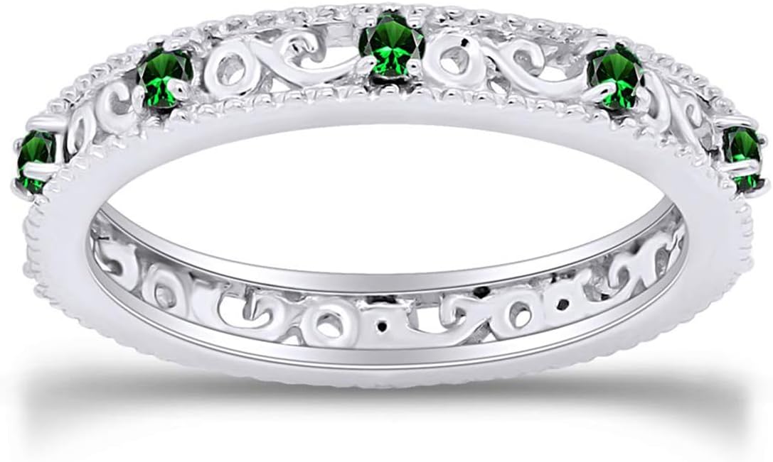 Jewel Zone US Filigree Eternity Wedding Band Ring for Women, Round Cut Simulated Gemstone Stackable Promise Ring in 14K Gold Plated 925 Sterling Silver Band Width 3.5mm – Elegant Jewelry for Her