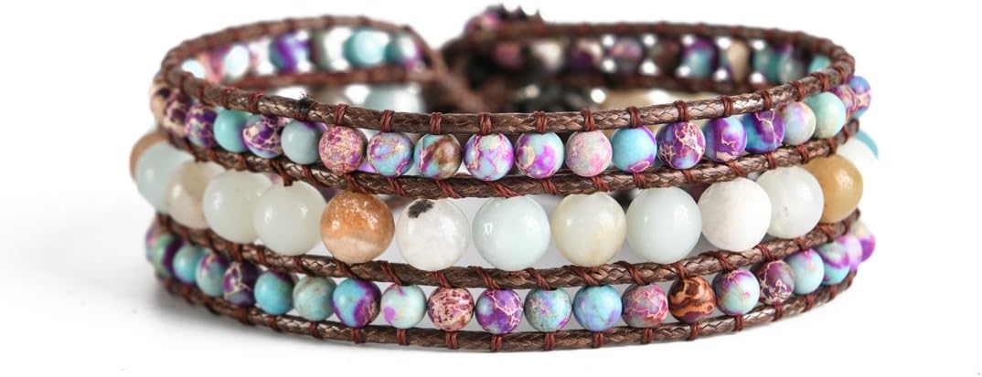 YGLINE Boho Handmade Natural Stone Bead 3 Row Wide Wrap Wrist Statment Bracelet Jewelry Collection