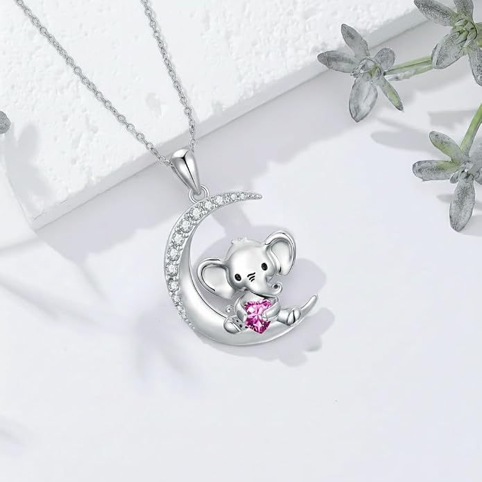 PROESS Animal Birthstone Necklace 925 Sterling Silver Otter/Axolotl/Hippo/Elephant/Dachshund/Monkey/Red Panda Pendant Necklace Animal Birthstone Jewelry Gifts for Women