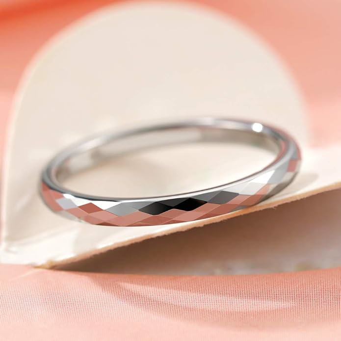 THREE KEYS JEWELRY 2mm 8mm Silver Tungsten Carbide Wedding Band for Men Women, Basic Hammered Multi-Faceted Polished Finish Stackable Engagement Ring Comfort Fit