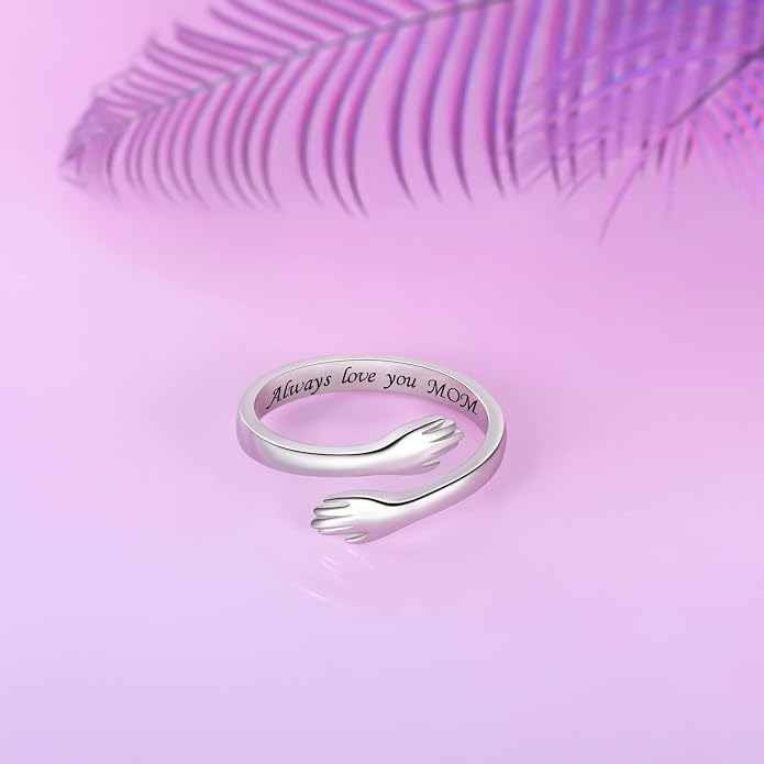 S925 Sterling Silver Hug Rings for Women Teen Girls Adjustable Ring for Granddaughter Daughter Hope Promise Friendship Hand Ring Jewelry for Birthday Graduation Christmas Mothers Day Valentines Gifts