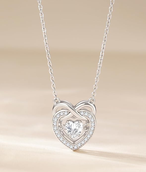 Trendy Dainty Infinity Birthstone Necklace, Dancing Heart 18K White Gold Plated 925 Sterling Silver Heart Necklace, Romantic Love Jewelry Graduation Gifts for Women Her