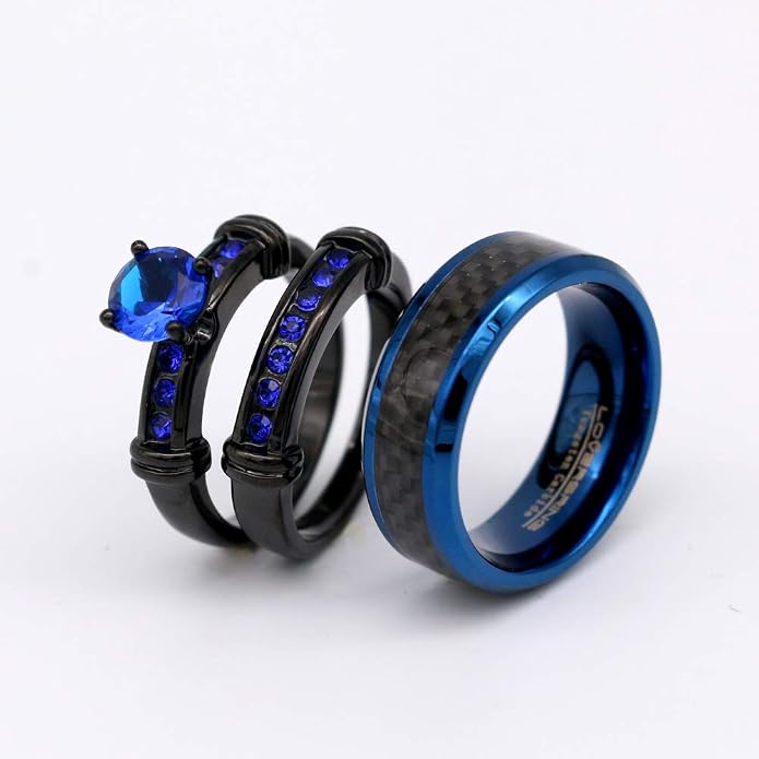 3pcs Matching Rings His and Hers Ring Couple Rings Pruple Cz Womens Wedding Ring Sets Wedding Bands