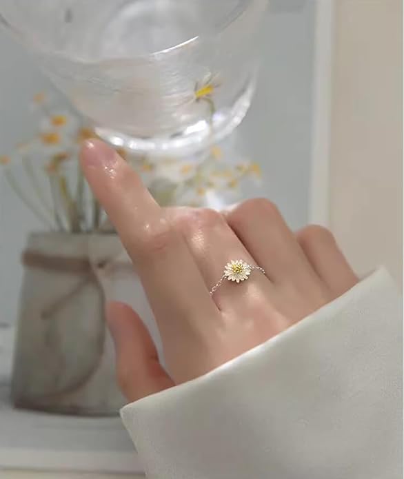 Cute Daisy Flower Chain Tassel Ring for Women 925 Sterling Silver Floral Link Tiny Bead Ball Dangle Adjustable Stacking Statement Finger Bands Promise Eternity Rings Dainty Birthday Jewelry Gifts for Mom
