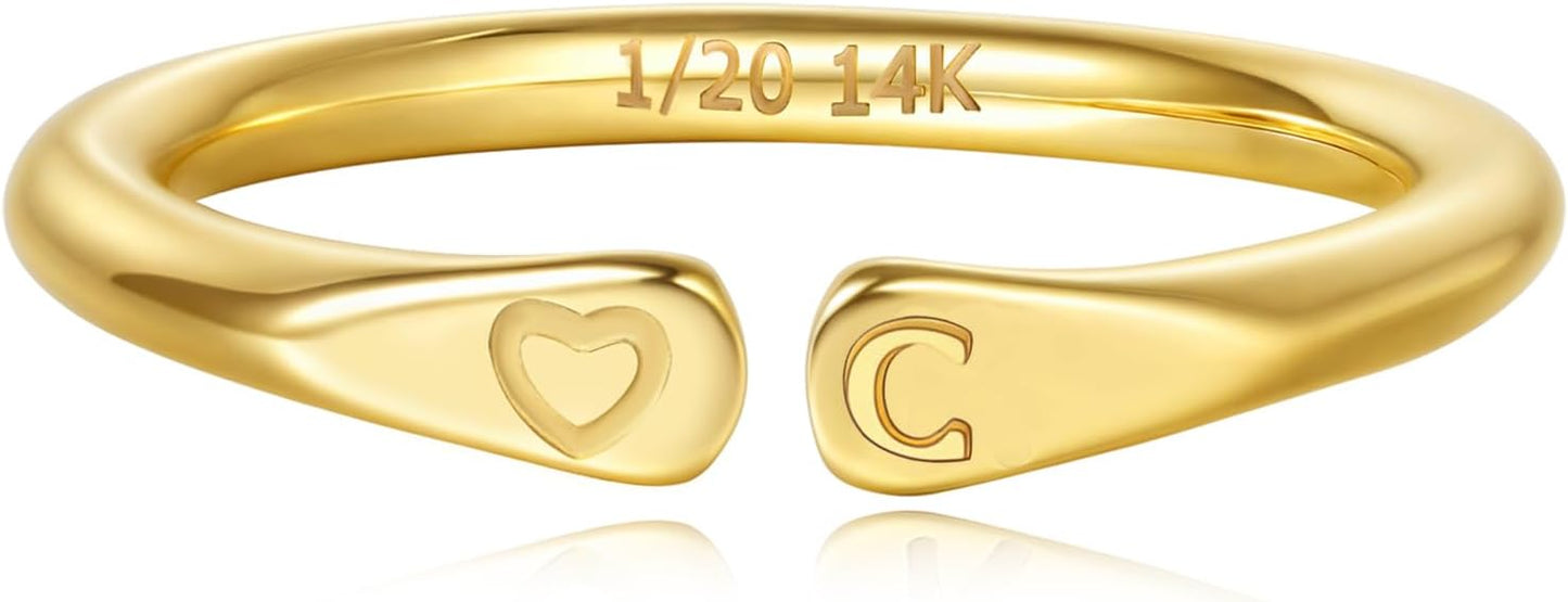 14k Gold Filled Hand Carving Initial Rings for Women Non Tarnish Wedding Heart Shaped Bands for Women