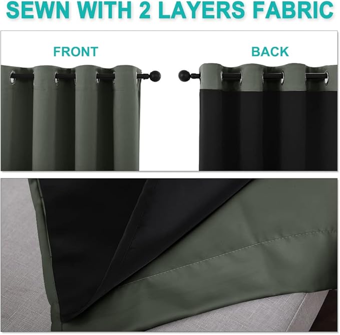 NICETOWN 100% Blackout Curtains 60" Long, Pair of Energy Smart & Noise Blocking Out Drapes for Baby Room Window, Thermal Insulated Guest Room Lined Window Dressing(Dark Mallard, 37" Wide)