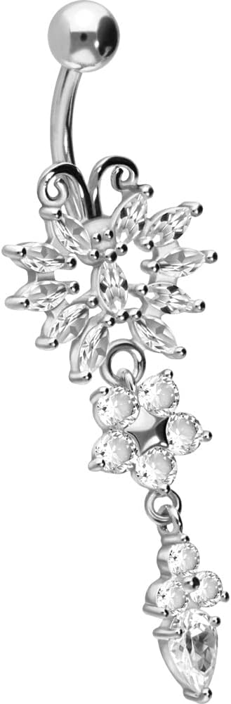 PIERCINGLINE surgical steel dangle belly button piercing with butterfly and flower - belly button ring surgical steel, gold, silver, rosegold piercing - new version with improved durability