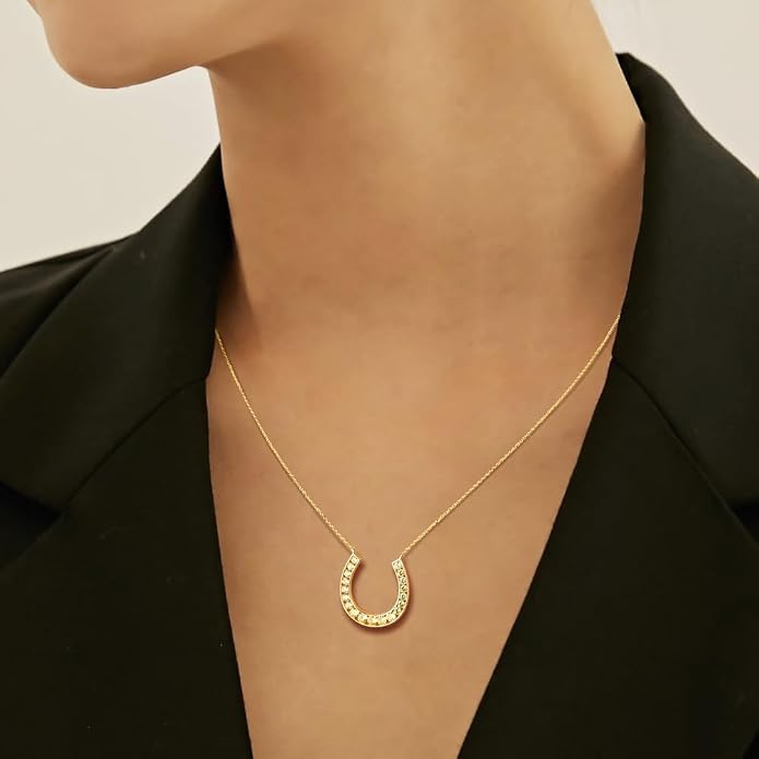 Luck Horseshoe Necklace 14K Gold Plated/Sterling Silver Created Gemstone Pendant with Chain Channel Set U Shaped Charm Necklace Birthstone Jewelry