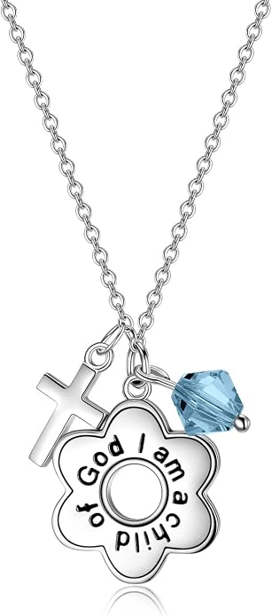 AOBOCO 925 Sterling Silver I Am a Child of God Daisy Necklace Jewelry Birthday Birthday Baptism Communion Gifts for Girls