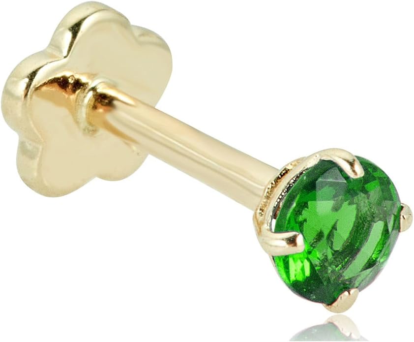 AVORA 14K Yellow/White Gold 3mm Round Simulated Diamond (0.1 carat) Cartilage Piercing Flat Back Earring Body Jewelry (18 Gauge) - Emerald, Ruby, Amethyst, Sapphire, Sim. Diamond