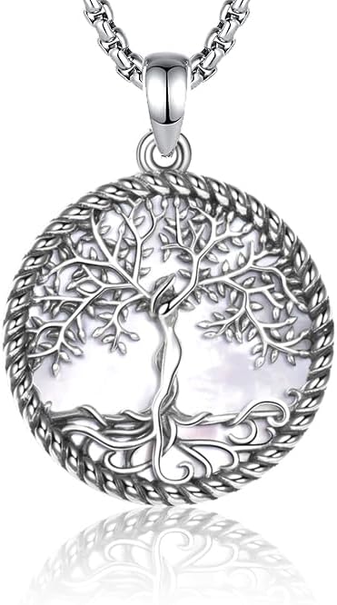 Tree of Life Necklace 18K White Gold Plated Turquoise/Pearl Shell/Malachite/Abalone Shell/Blue Opal/Black Onyx Tree Necklace Jewelry Gift for Women Men,22+2"
