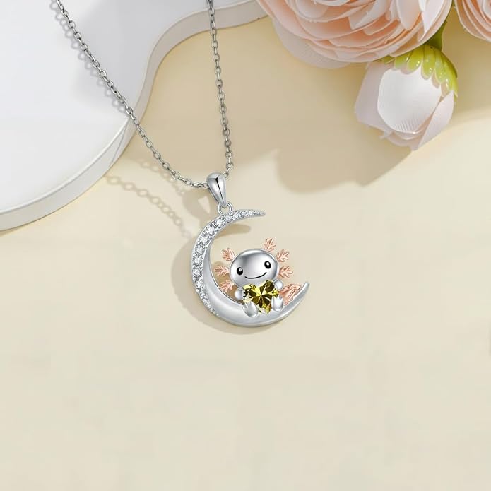 PROESS Animal Birthstone Necklace 925 Sterling Silver Otter/Axolotl/Hippo/Elephant/Dachshund/Monkey/Red Panda Pendant Necklace Animal Birthstone Jewelry Gifts for Women