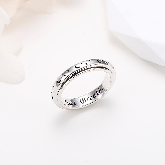 Alphm S925 Sterling Silver Spinner Fidget Anxiety Worry Relieving Boredom ADHD Autism Band Rings