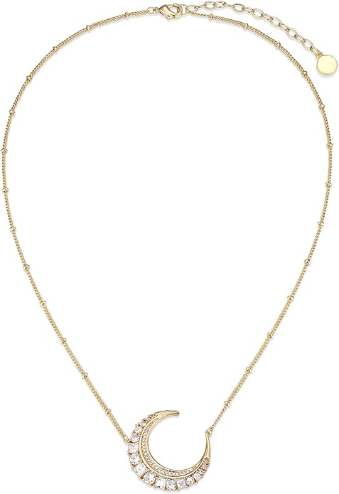 Miss mimi CZ Pendant Necklace, Golden Yellow Princess Cut or Crescent Moon, 18K Gold Plated, Adjustable 16” or 18 + 2”in Chain, Celestial & November Birthstone Citrine Style