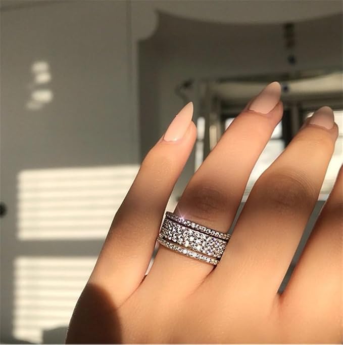 925 Sterling Silver Shiny Full Diamond Ring Cubic Zirconia Rings CZ Diamond Multi Row Ring Eternity Engagement Wedding Band Ring for Women (US Code 5)