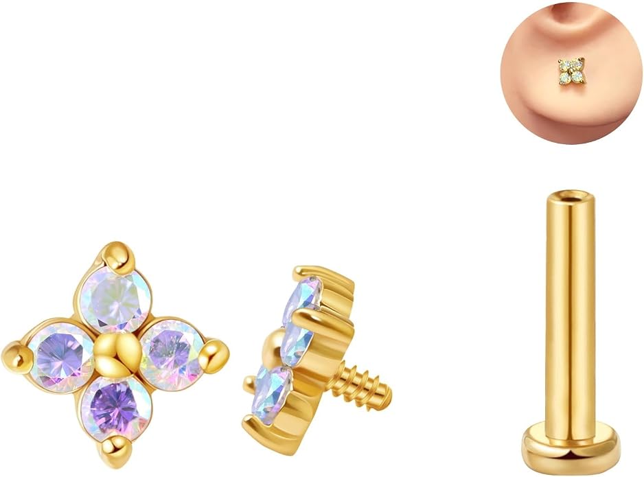 FANSING CZ Flower Internally Threaded Flat Back Earring Labret Stud for Cartilage Tragus Helix Conch