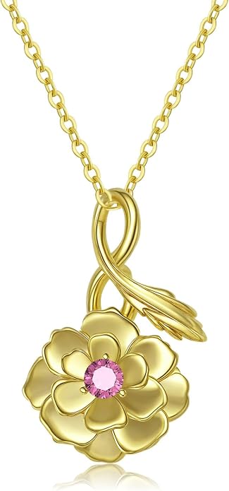 Birth Flower Birthstone Necklace for Women: Solid 925 Sterling Silver 14K Gold Plated Hypoallergenic Non-tarnish, Birth Month Flower Necklace Personalized Birthday Gifts for Wife Girlfriend Daughter