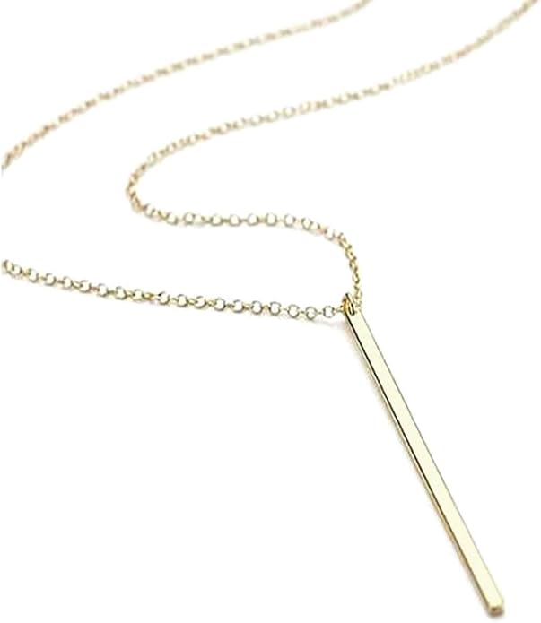 Personalized 14k Gold 5CM Thin Vertical Bar Necklace - Custom Engrave Name Date Coordinate Pendant for Men Women, Memorial Gift