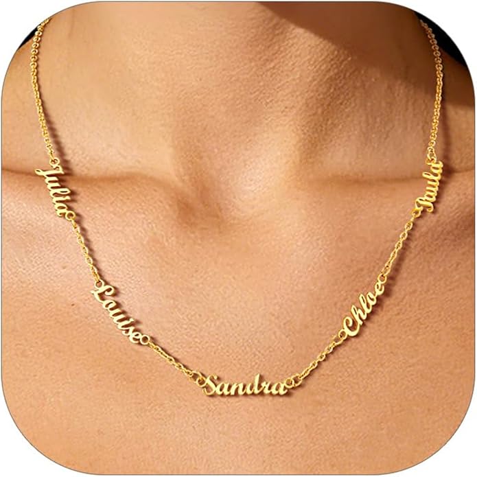 Custom4U Custom Name Necklace for Women, Personalized 1-5 Name Necklace, Sterling Silver/Stainless Steel 14K Gold Plated Nameplate Necklaces, Gift for Mom Wife Anniversary Birthday with Box
