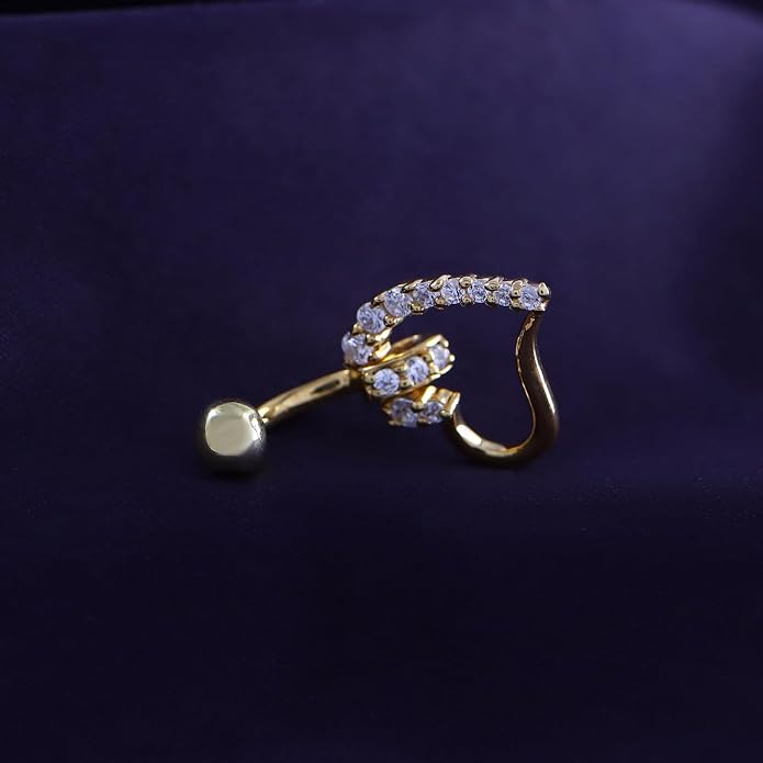 AFFY Women's Heart Charm Belly Ring with Round White Cubic Zirconia in 14K Gold Plated 925 Sterling Silver, Dangle Navel Piercing Jewelry for Her