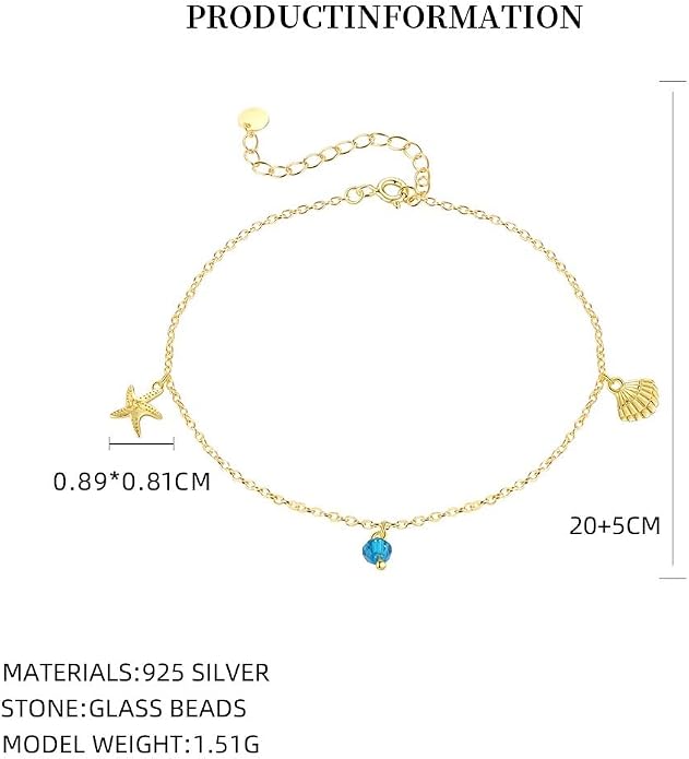 18K Gold Plated 925 Sterling Silver Ocean Anklet for Women, Dainty Starfish & Seashell Charm Beach Anklet Bracelet with Teal Blue Bead, Summer Foot Jewelry Gift