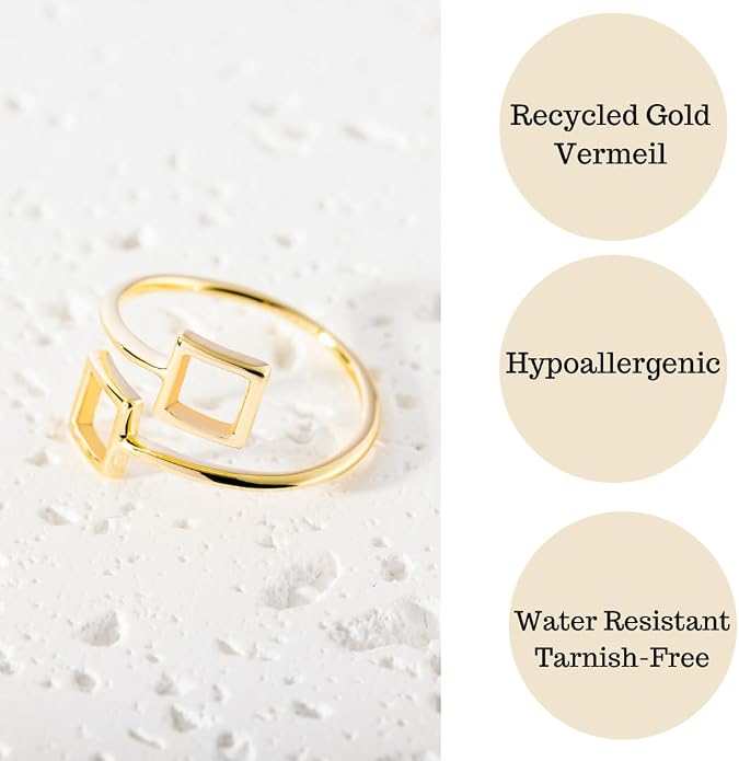 18k Gold Plated Simple Minimalist Square Adjustable Stackable Halo Ring Band for Women Valentines Day Gifts for Her Comes with a Gift Box