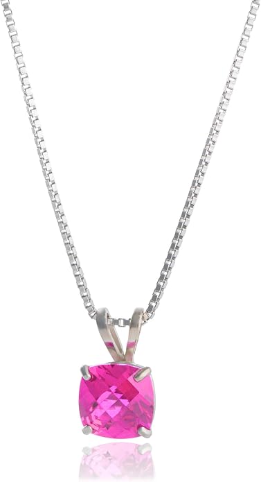 MAX + STONE 925 Sterling Silver Cushion Cut Birthstone Necklace for Women | 6mm Hypoallergenic Solitaire Necklace | Gemstone Pendant Necklaces with 18 inch Box Chain