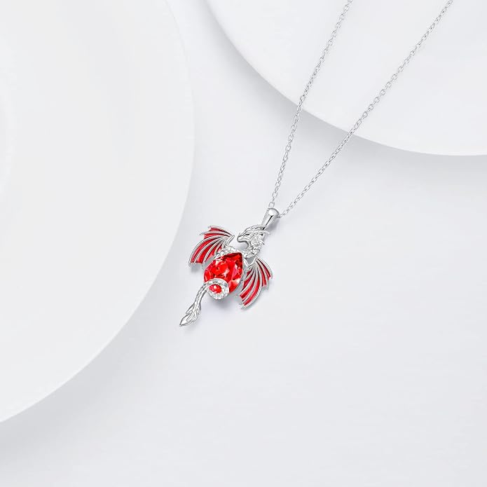 Dragon Necklace for Men Sterling Silver Birthstone Wyvern Necklace Embllished with Teardrop Shaped Crystal Jewelry for Women