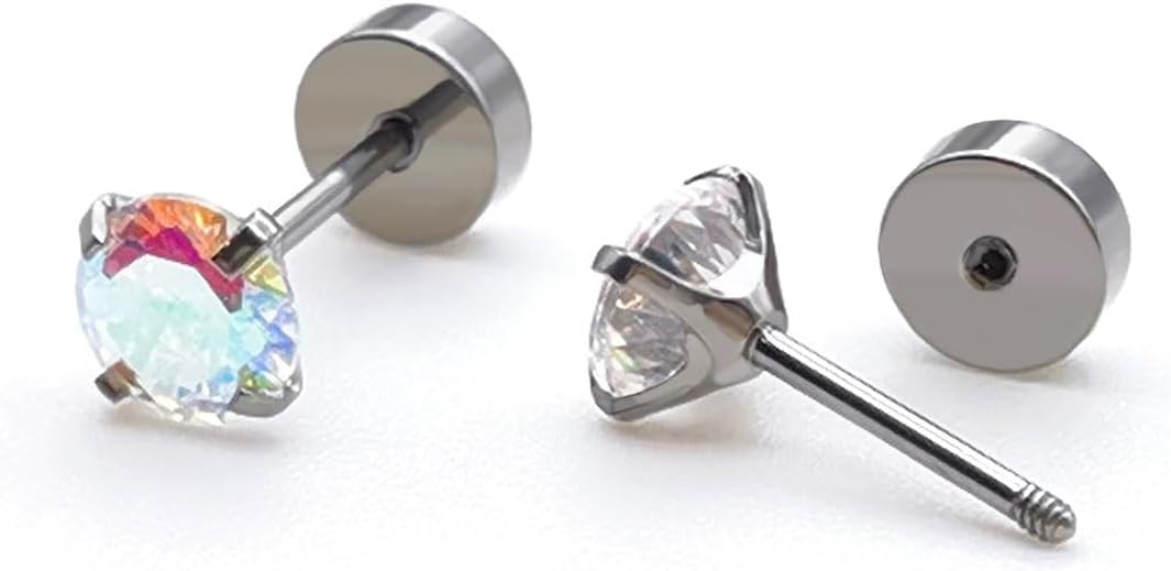 Titanium Earrings for Women Stud Earrings Cubic Zirconia Dainty Screw Flat Back Hypoallergenic Earrings for Women for Multiple Cartilage Helix Conch Tragus Piercing Jewelry for Sensitive Ears