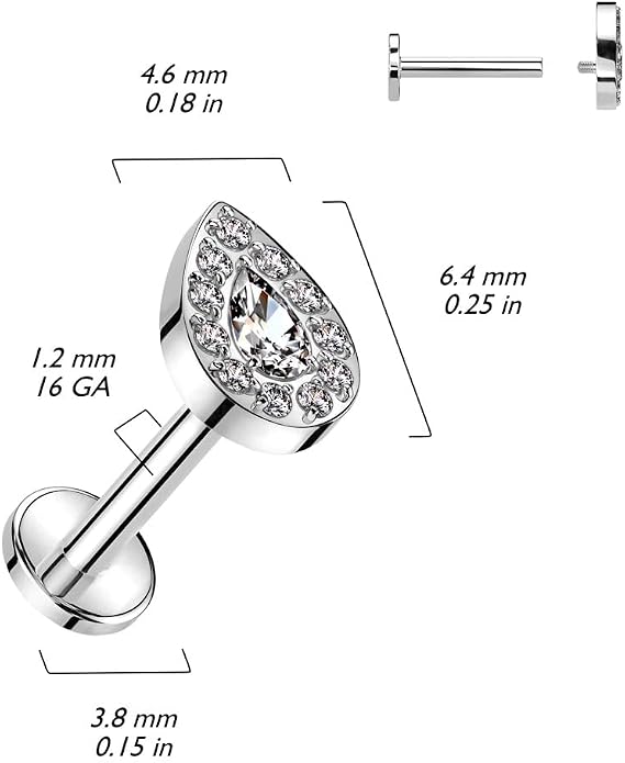 Pierced Owl 16GA ASTM F-136 Implant Grade Titanium Internally Threaded CZ Crystal Teardrop Flat Back Stud