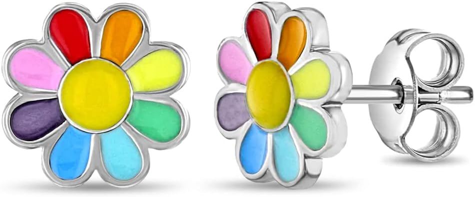 In Season Jewelry 925 Sterling Silver Rainbow Enamel Daisy Flower Stud Earring - 9mm, Hypoallergenic, Multicolored Flower Earrings for Girls