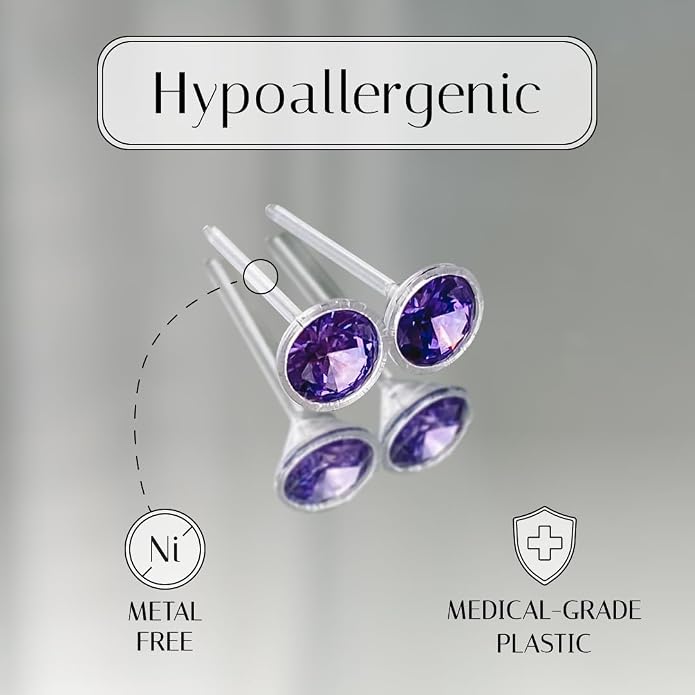 Medical Grade Plastic Earrings for Sensitive Ears, Nickel Free, Hypoallergenic Earrings for Girls and Women, Comfortable, Lightweight and Metal Free Cubic Zirconia