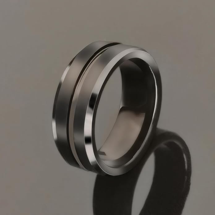MMTTAO Men's Titanium Ring Wedding Bands for Men Women 6MM 8MM 10MM Black/Blue/Silver Engagement Band Wedding Rings Beveled Edge Brushed Matte Finished & Polished Grooved Center Comfort Fit Size 6-13