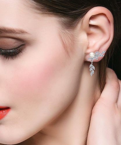 EVER FAITH 925 Sterling Silver CZ 4MM Cultured Pearl Leaf Ear Wrap Cuff Stud Post Crawler Climber Earrings