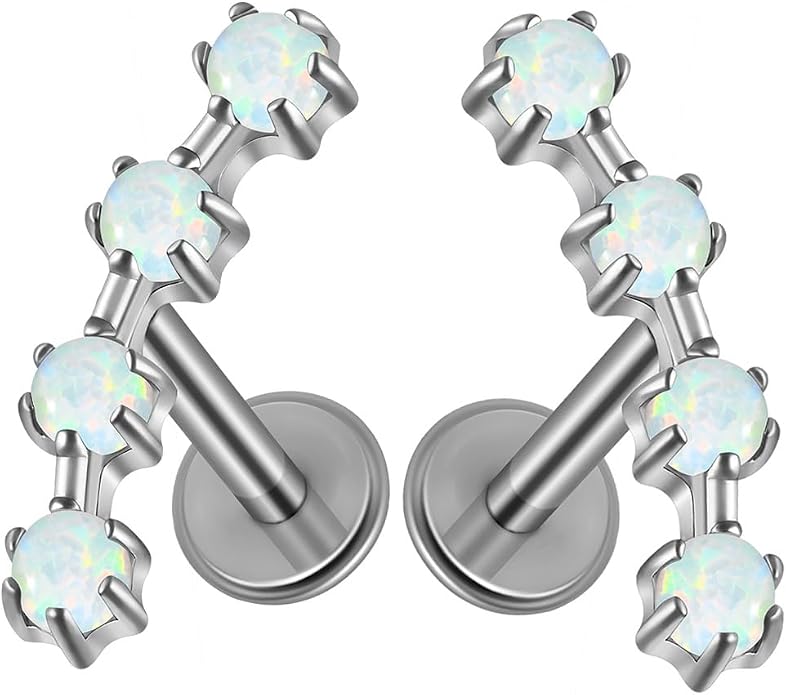 2PCS G23 Titanium Fire Opal CZ Labret Stud Piercing Cartilage Helix Tragus Climber Earrings for Men Women Lip Monroe Body Piercing Jewelry
