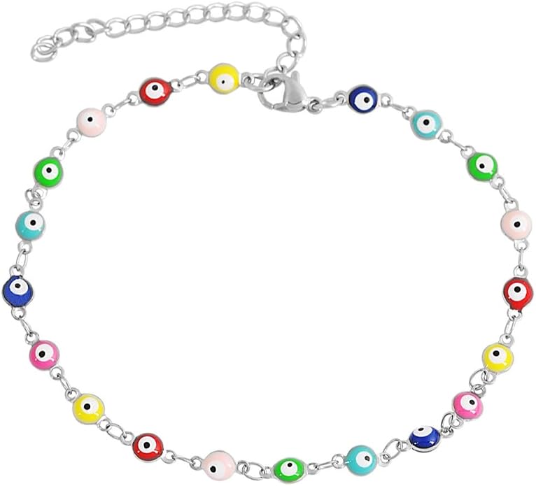 Multi-Colored Evil Eye Pendant Anklet, 9"+2" Extender