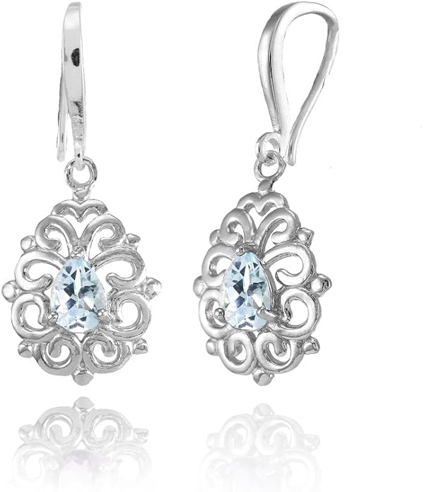 Sterling Silver Genuine, Simulated, or Created Gemstone 6x4mm Teardrop Filigree Dainty Dangle Earrings